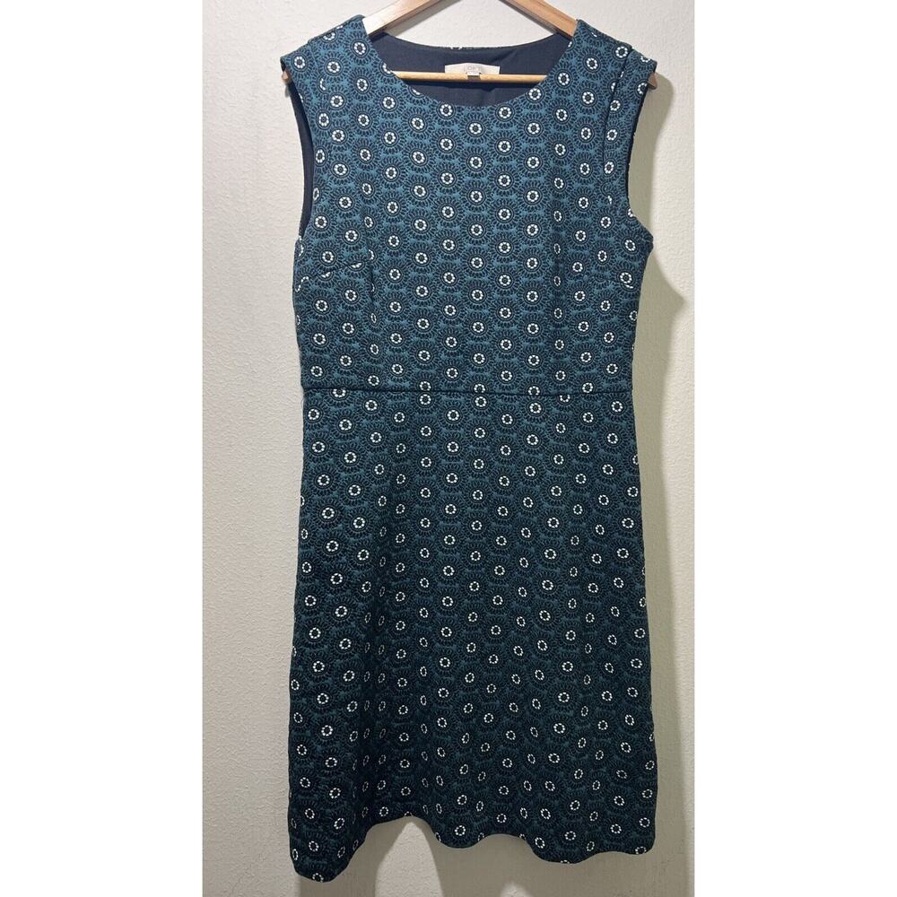LOFT Fit Flare Retro Print Turquoise Black Floral Jacquard Knit A Line